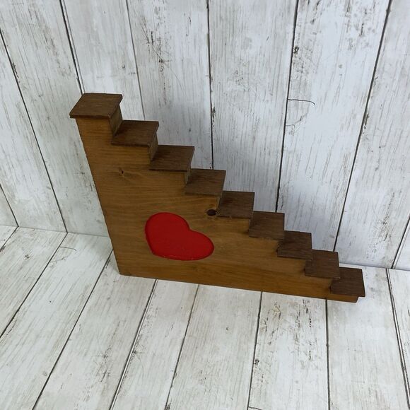 Vintage Wood Staircase Shelf W/ Red Heart Wall Mount Or Shelf Sitter - Picture 3 of 8